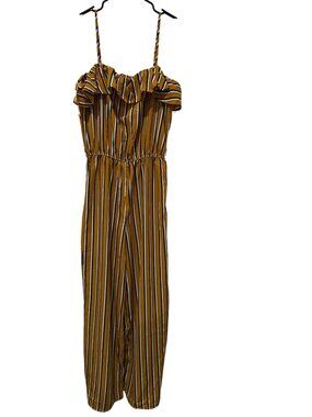 Yellow & Black Striped Jumpsuit With Ruffle Neckline & Adjustable Straps